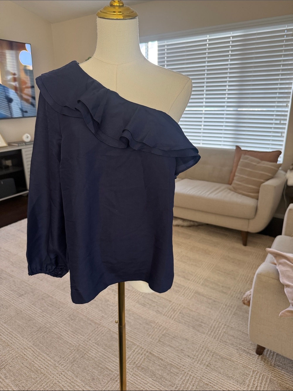 J. Crew Navy One-Shoulder Ruffle Blouse